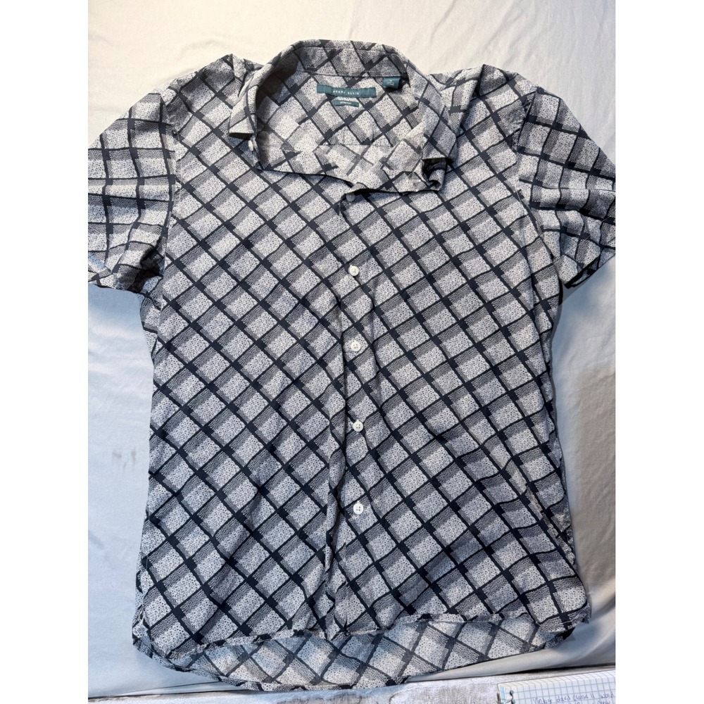 Perry Ellis Mens Stretch Geometric Grid Short Sleeve Button Down Shirt Navy M